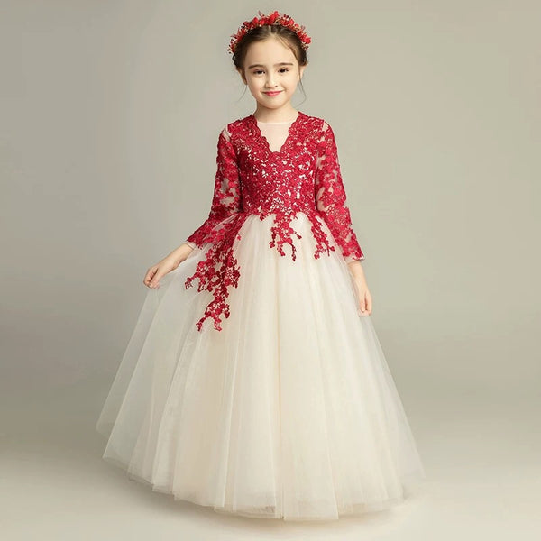 Long sleeve red flower girl dress ...